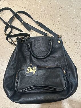 D&G dolce Gabbana Black Pebbled Leather Shoulder Bag with Gold Hardware